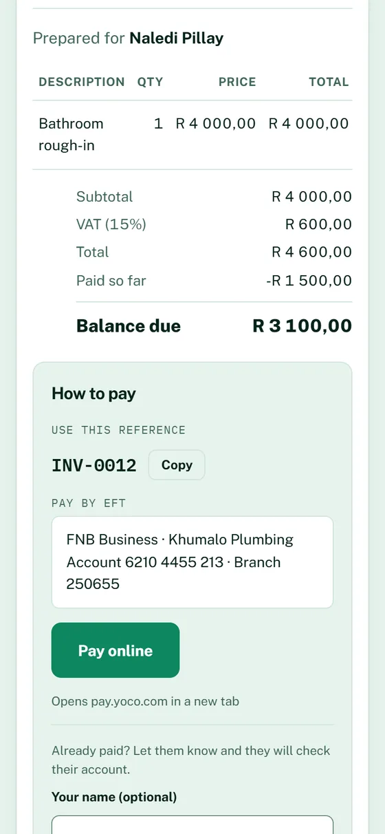 The page a client sees on their phone: the invoice, the balance due, the EFT details, a Pay online button and an I have paid button