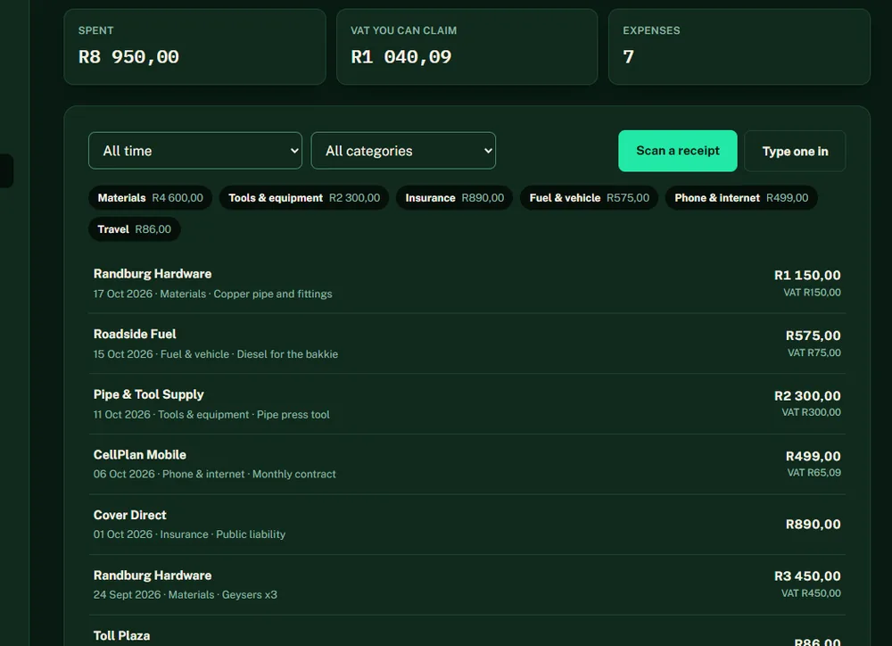 The Zuvo expenses page listing expenses by supplier with VAT and category totals
