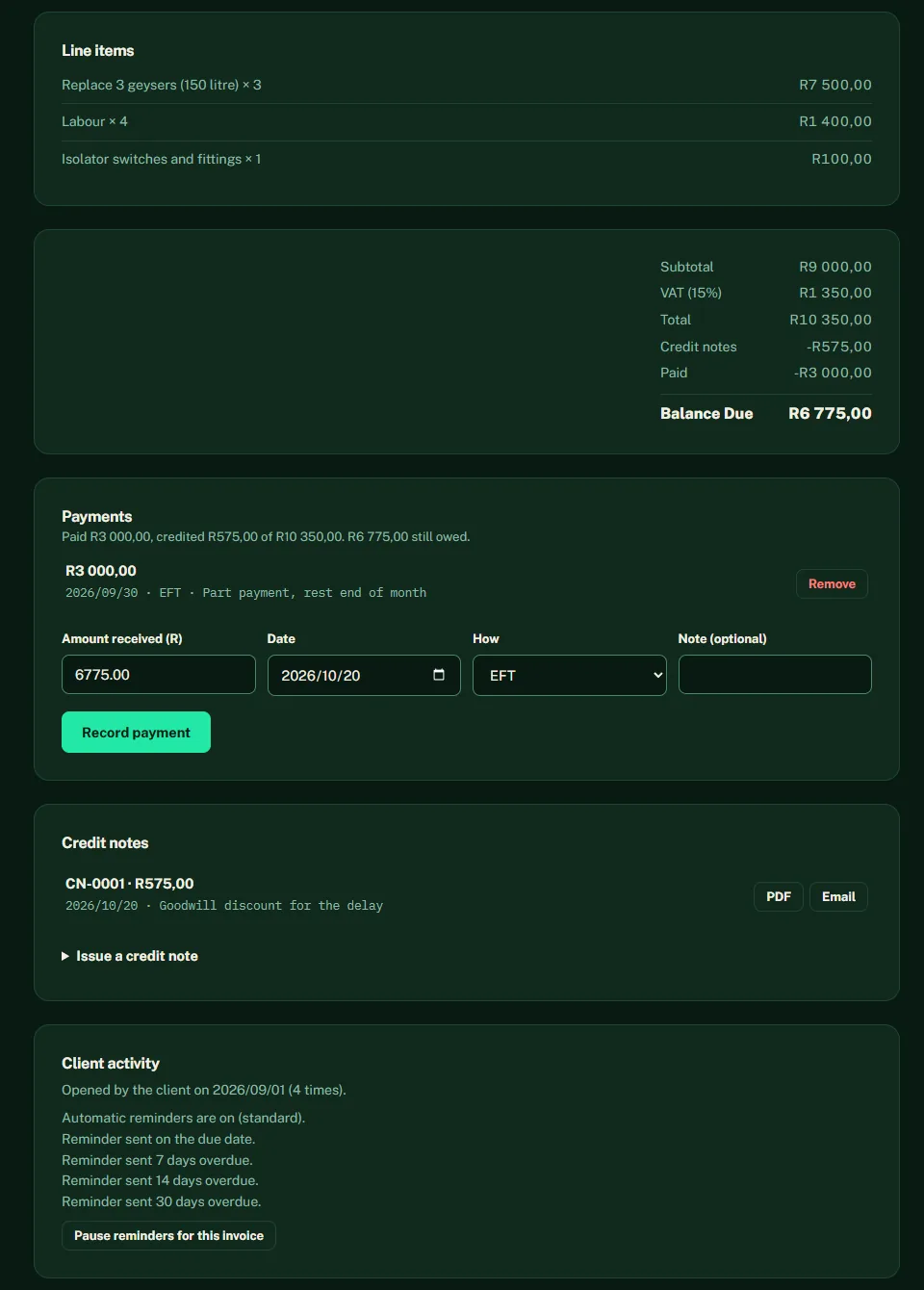 A Zuvo invoice showing a balance due after a part-payment and a credit note, with the client's activity and the reminders already sent